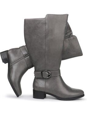 Women's Grey Extra Wide Calf Pull On Side Zipper Boots